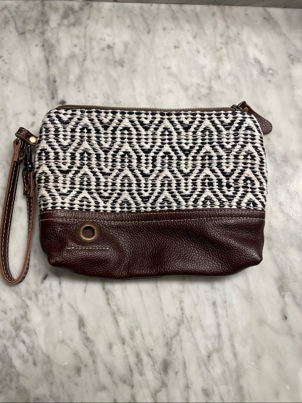 Myra Woven Black & White Patterned Wristlet with Brown Leather Trim